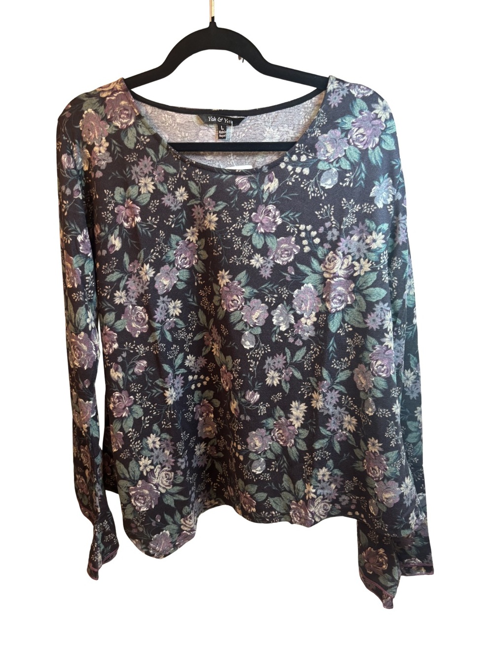 Yak & Yeti Black Floral Asymmetrical Hem Contemporary Top Large New